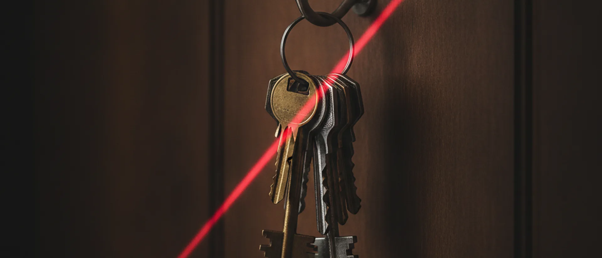 Molho de chaves pendurado em gancho de metal numa parede escura de madeira, atravessado por uma linha de luz vermelha
