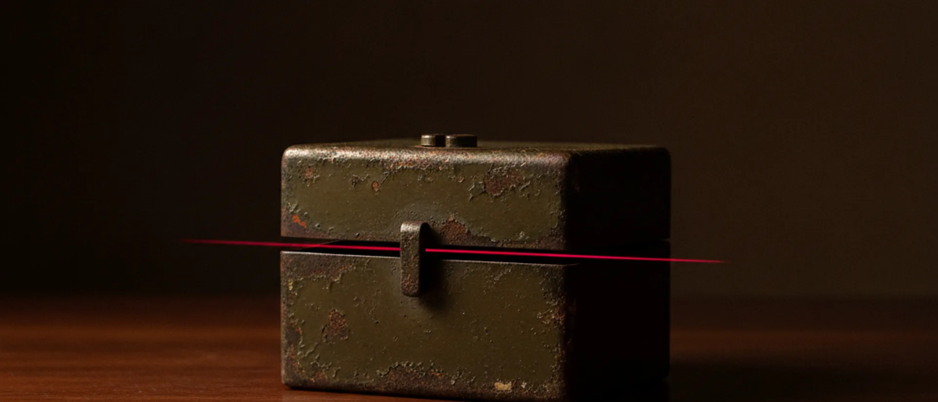 Cofre de metal escuro com a porta entreaberta, sobre mesa de madeira, com um fio de luz vermelha na fresta