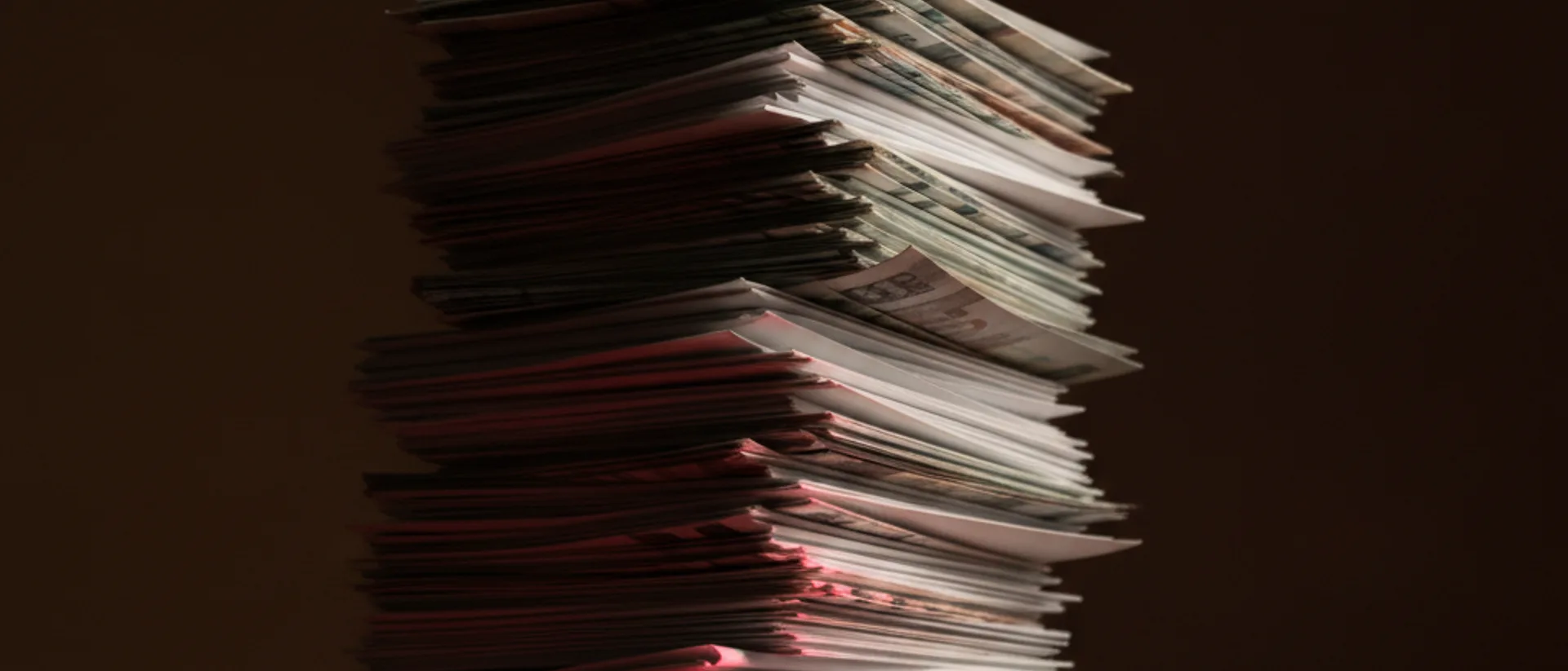 Pilha alta de papéis e documentos vista de perto, com luz vermelha atravessando as bordas das folhas, sobre fundo escuro