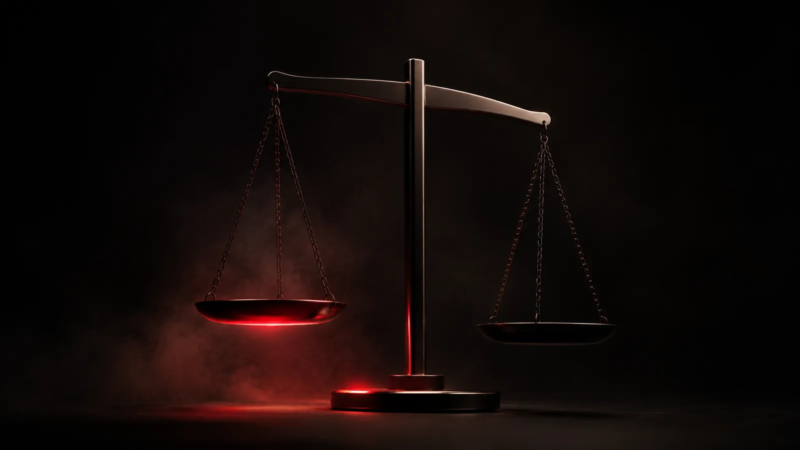 Balança da justiça em ambiente escuro com luz vermelha, representando equilíbrio financeiro